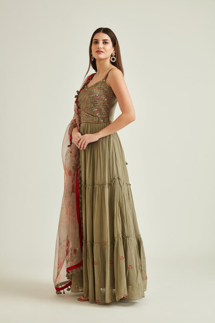 Neerus Green georgette mirror work tiered gown with dupatta - front view