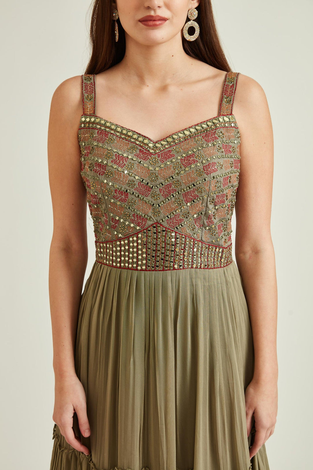 Neerus Green georgette mirror work tiered gown with dupatta - detail view 2