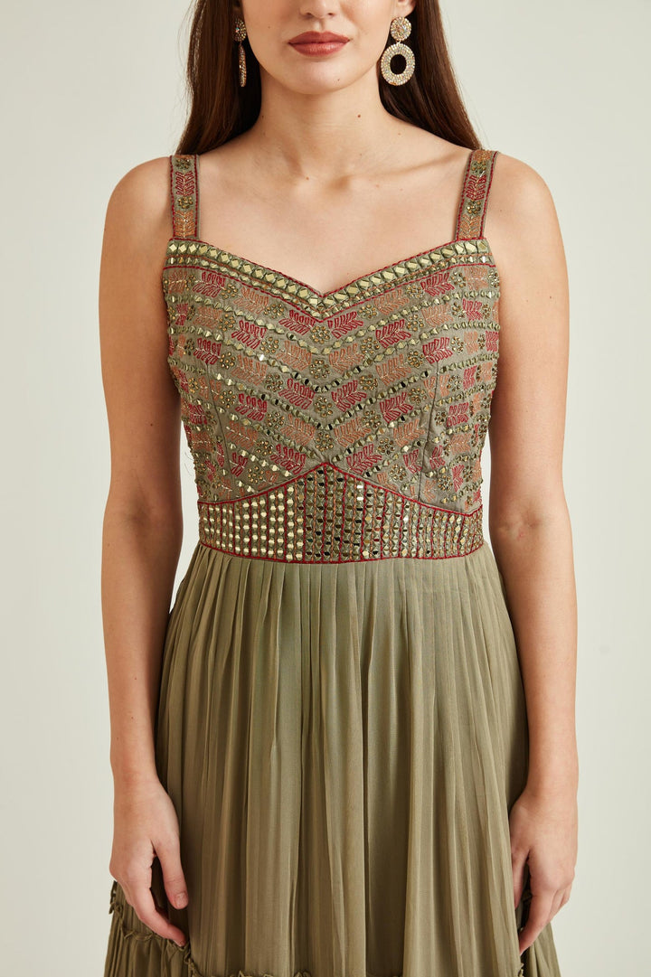 Neerus Green georgette mirror work tiered gown with dupatta - detail view 2