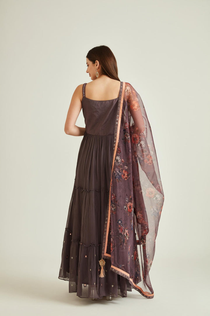 Neerus Brown georgette mirror work tiered gown - back view