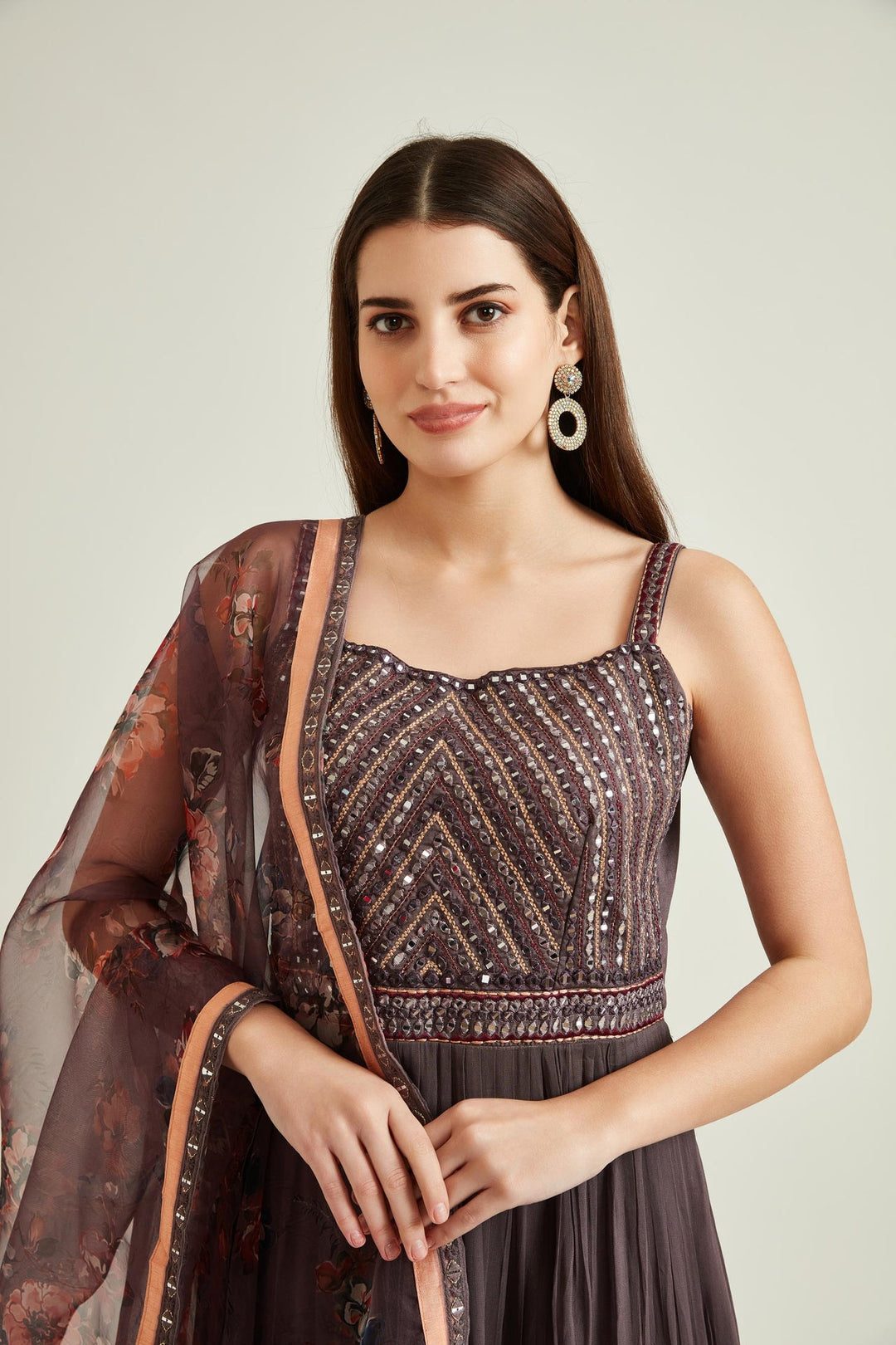Neerus Brown georgette mirror work tiered gown - side view
