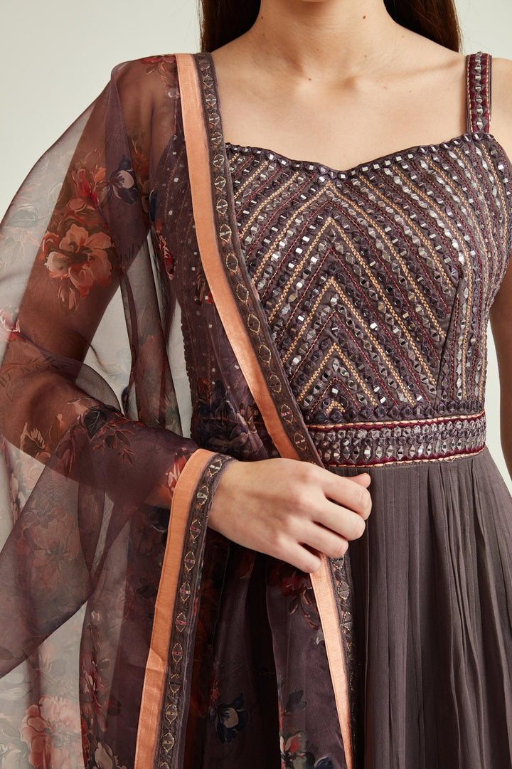 Neerus Brown georgette mirror work tiered gown - detail view 2