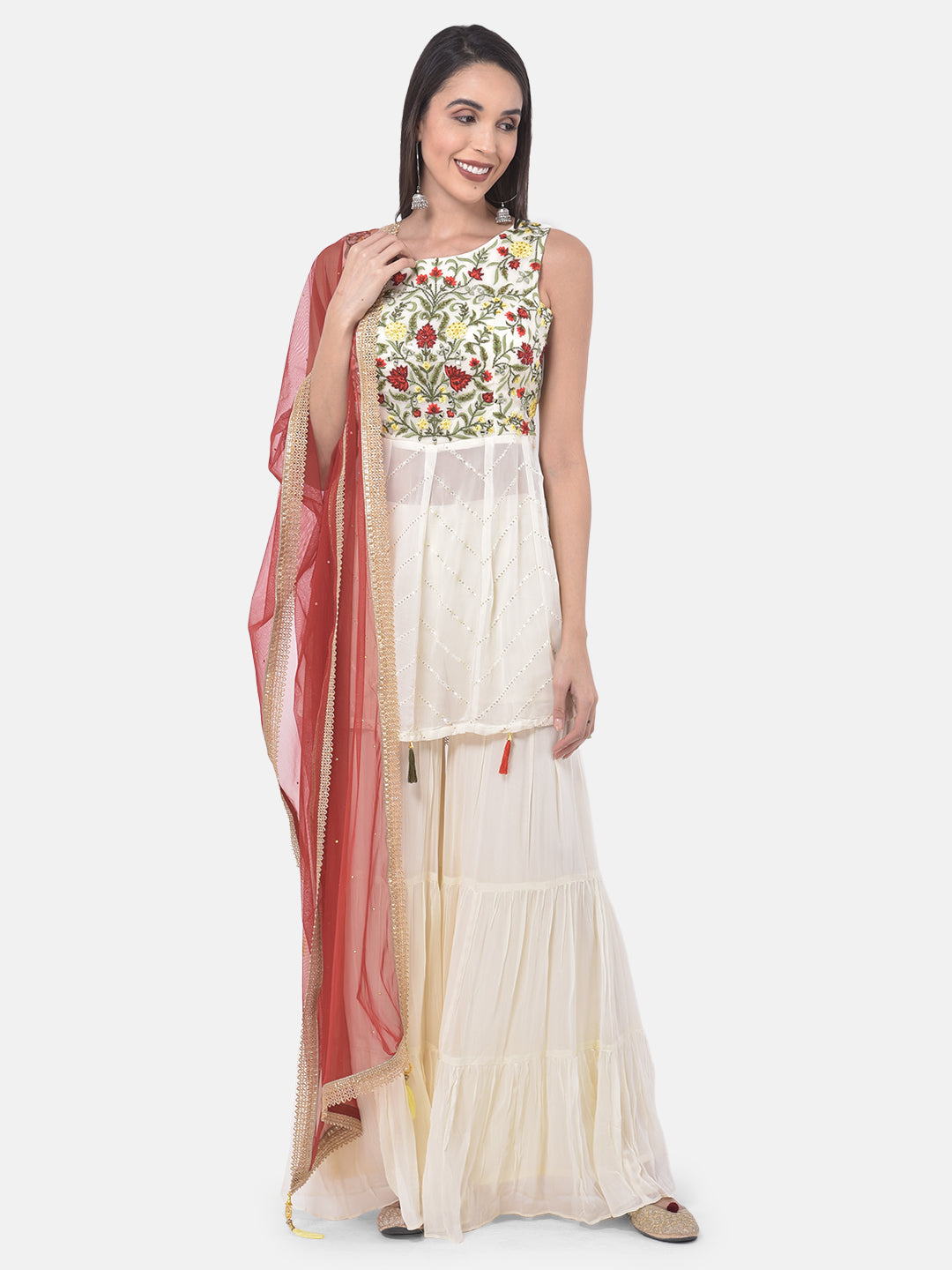 Neerus White embroidered sharara set kurta dupatta - detail view 4
