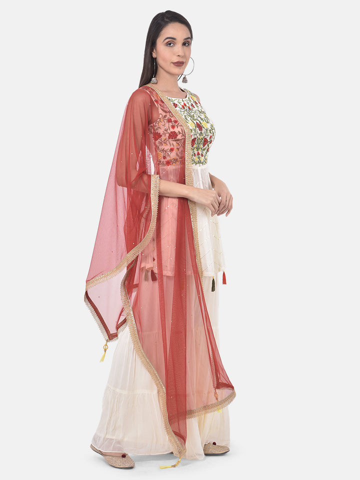 Neerus White embroidered sharara set kurta dupatta - front view