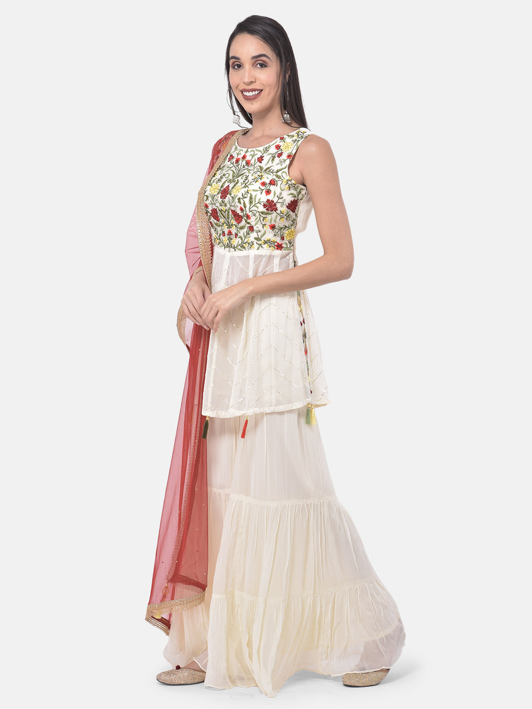 Neerus White embroidered sharara set kurta dupatta - back view