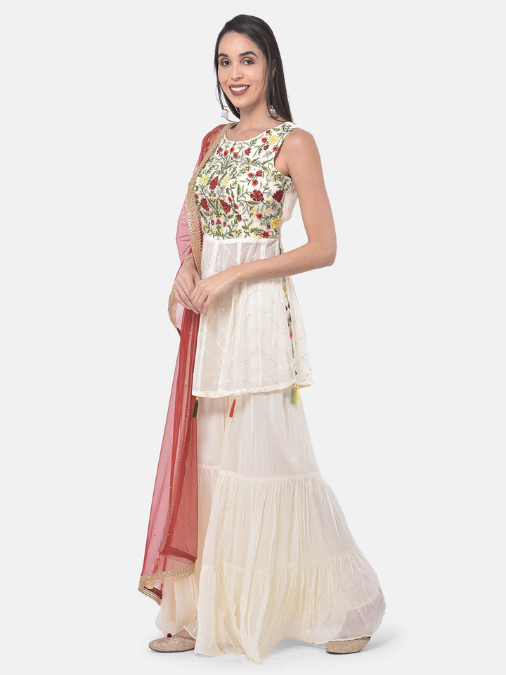 Neerus White embroidered sharara set kurta dupatta - back view
