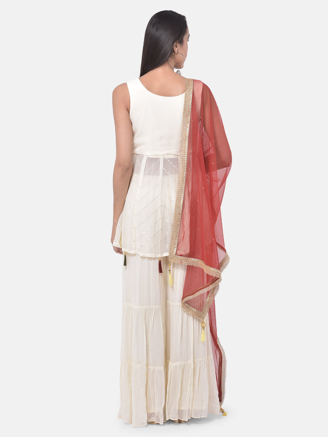 Neerus White embroidered sharara set kurta dupatta - side view