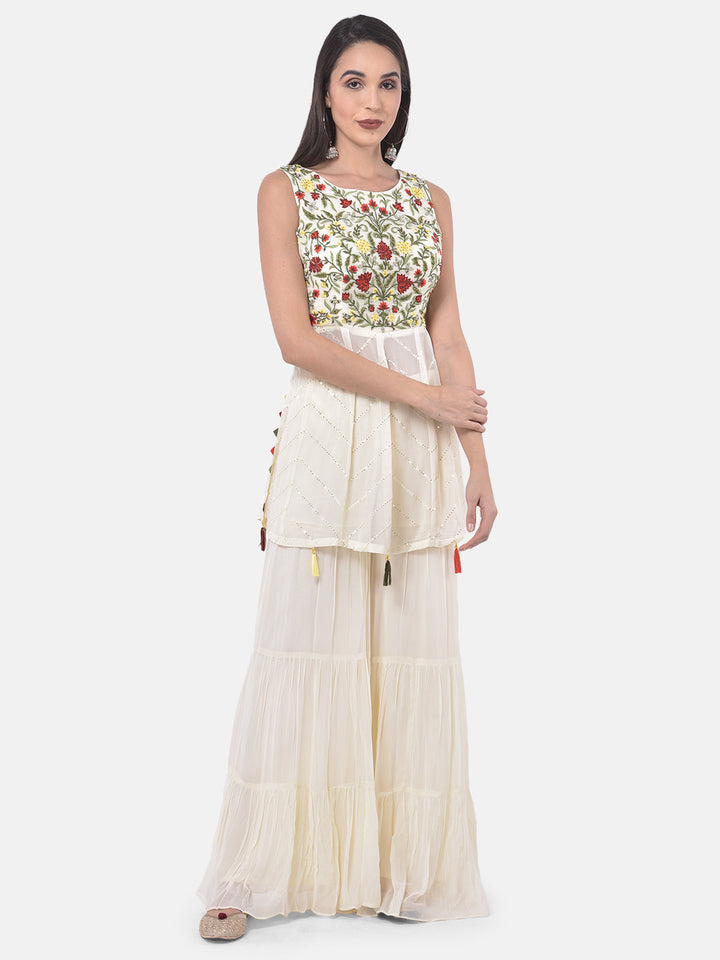 Neerus White embroidered sharara set kurta dupatta - detail view 3