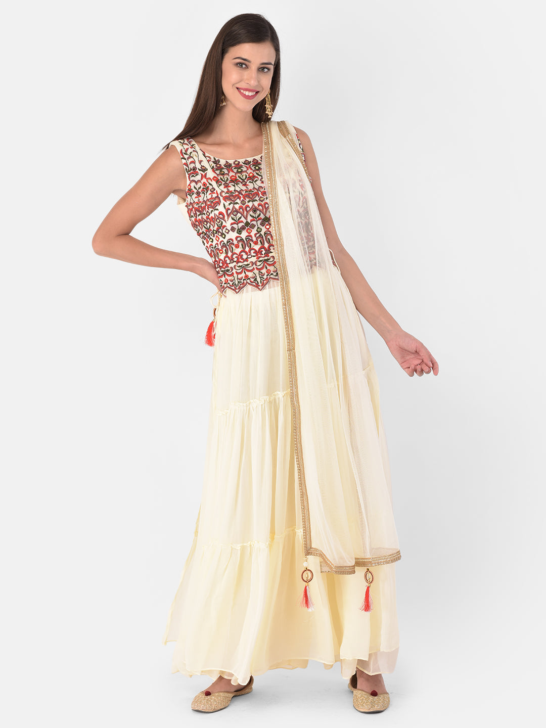 Neerus Beige georgette solid co-ord set kurta skirt - detail view 6