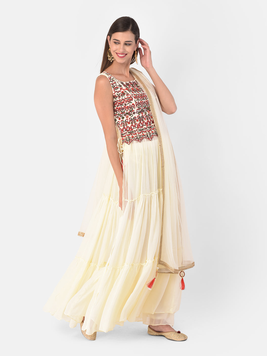 Neerus Beige georgette solid co-ord set kurta skirt - back view
