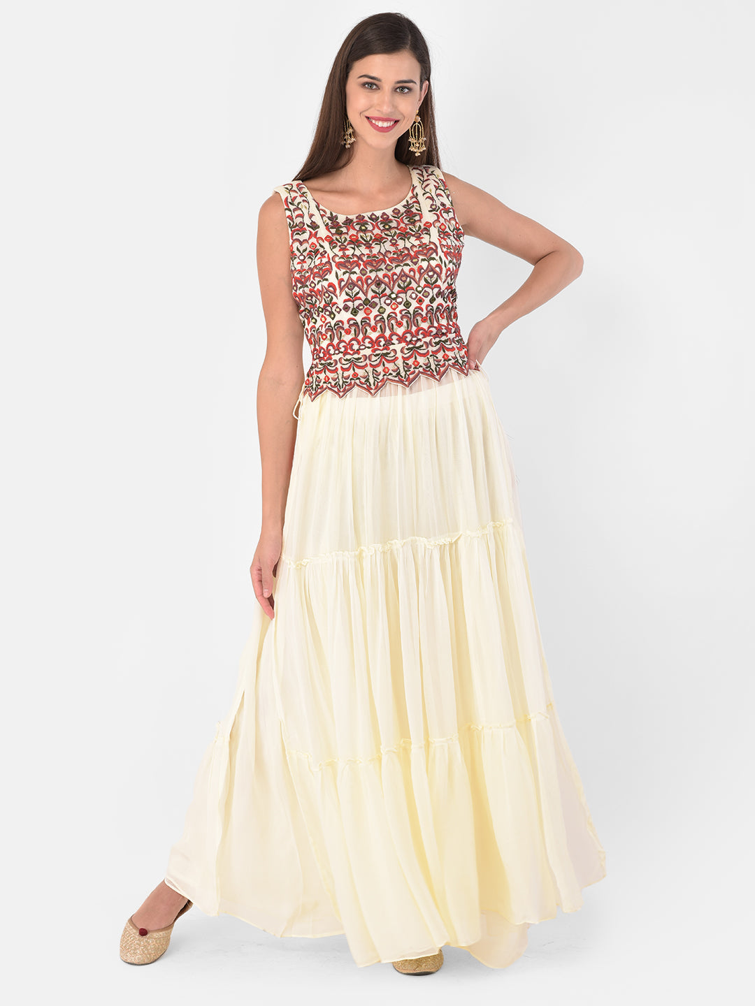 Neerus Beige georgette solid co-ord set kurta skirt - detail view 5