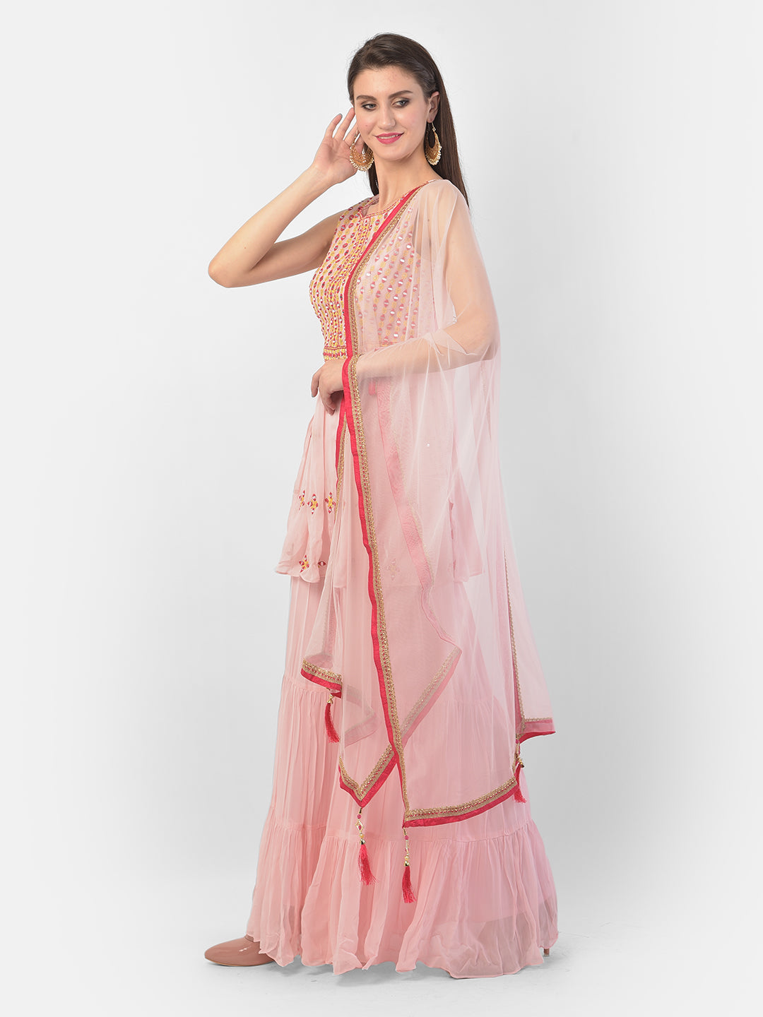 Neerus Pink georgette anarkali suit set - front view