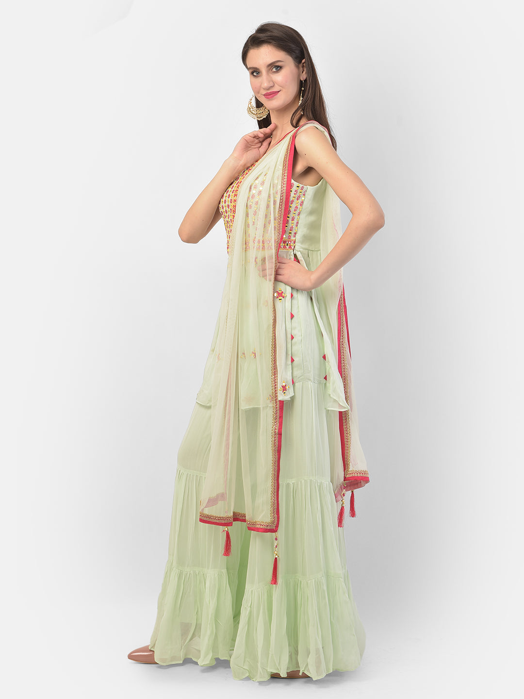 Neerus Green georgette embroidered anarkali suit set - side view