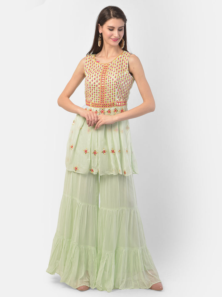 Neerus Green georgette embroidered anarkali suit set - front view