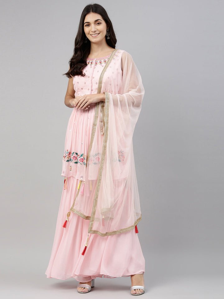 Neerus Pink georgette anarkali suit set - front view