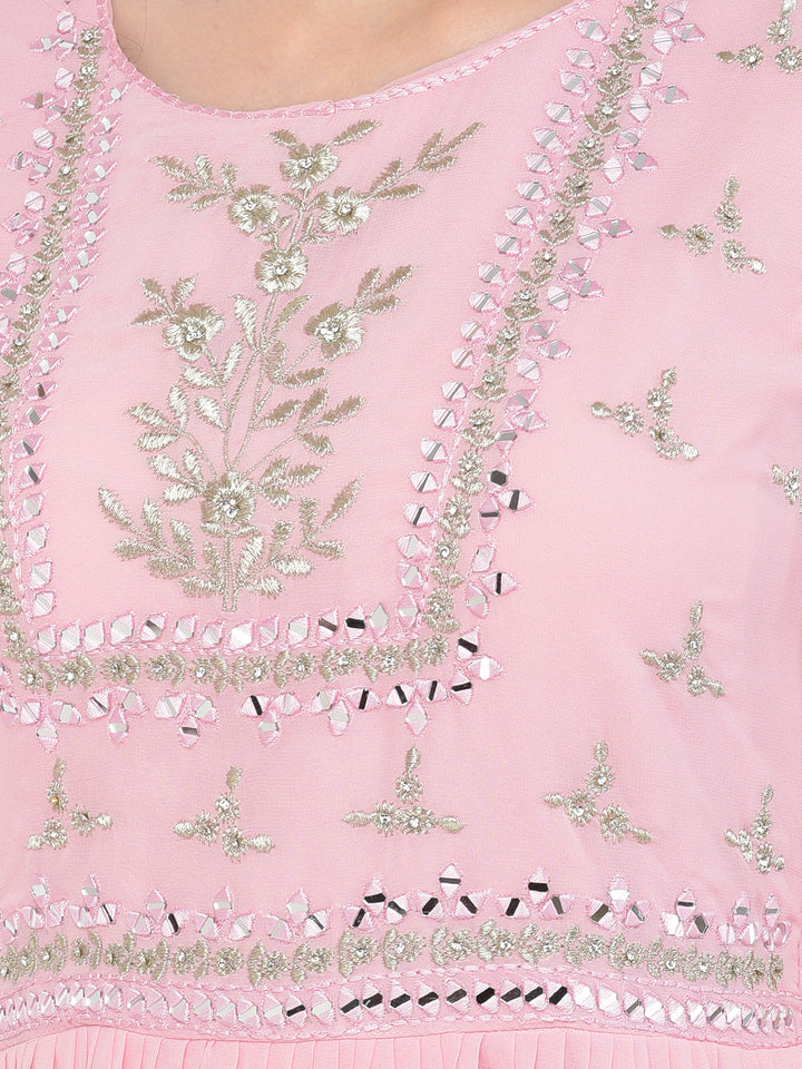 Neerus Pink georgette mirror work anarkali kurta set - detail view 2