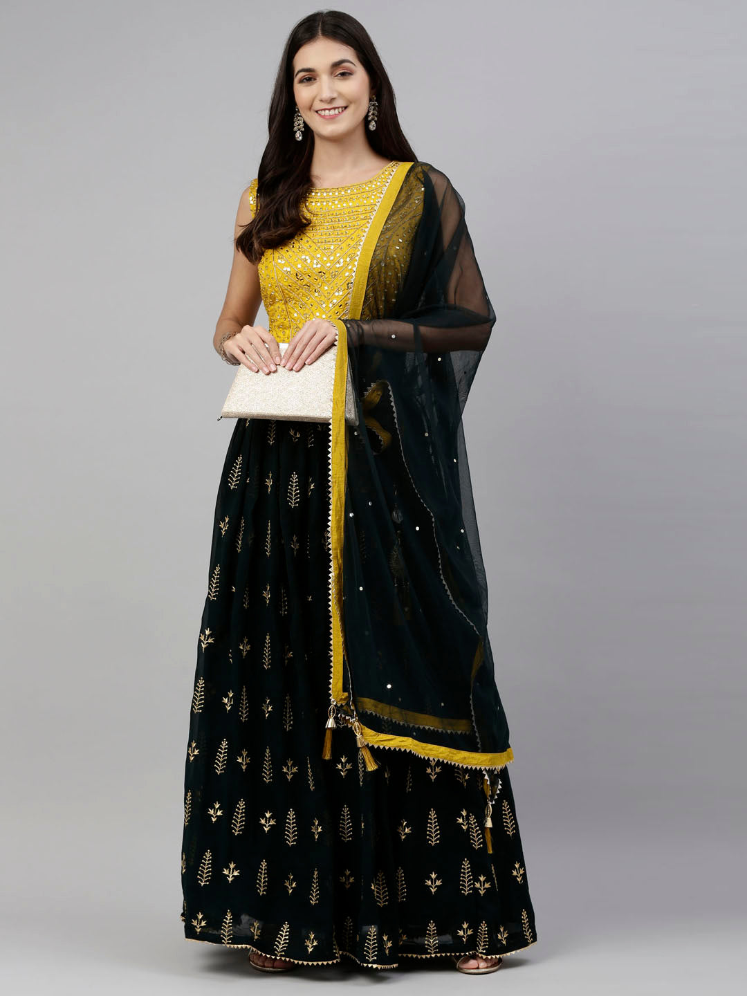 Neerus Green georgette embellished lehenga set - detail view 5