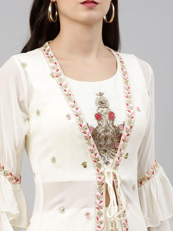 Neerus Beige georgette embroidered co-ord set - back view