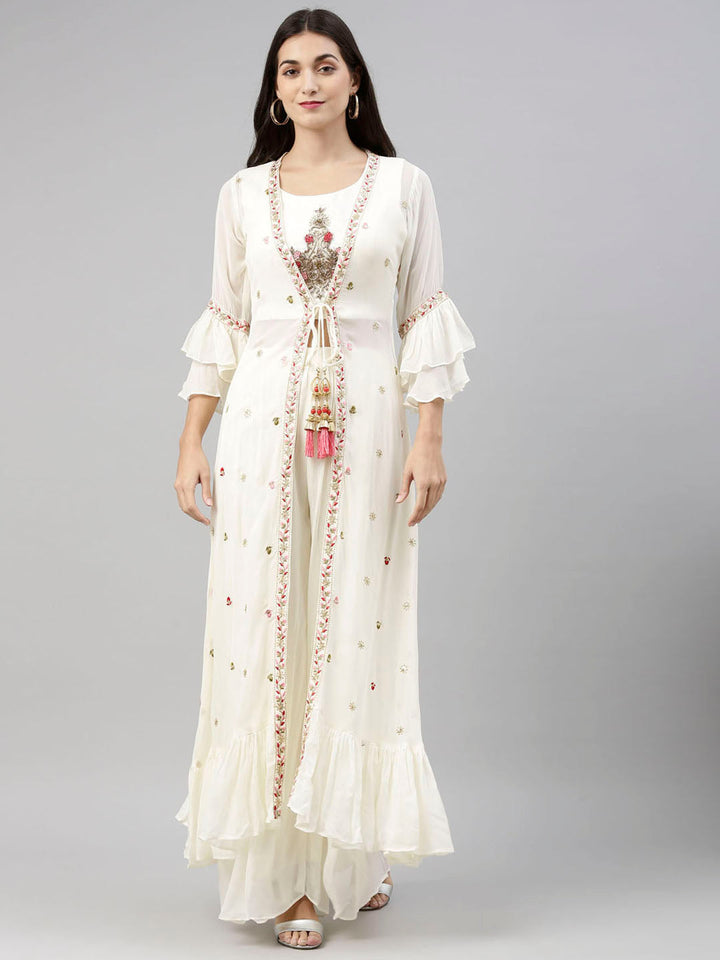 Neerus Beige georgette embroidered co-ord set - detail view 6
