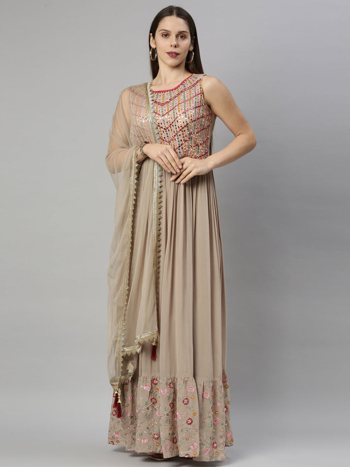 Neerus Beige georgette anarkali suit - front view