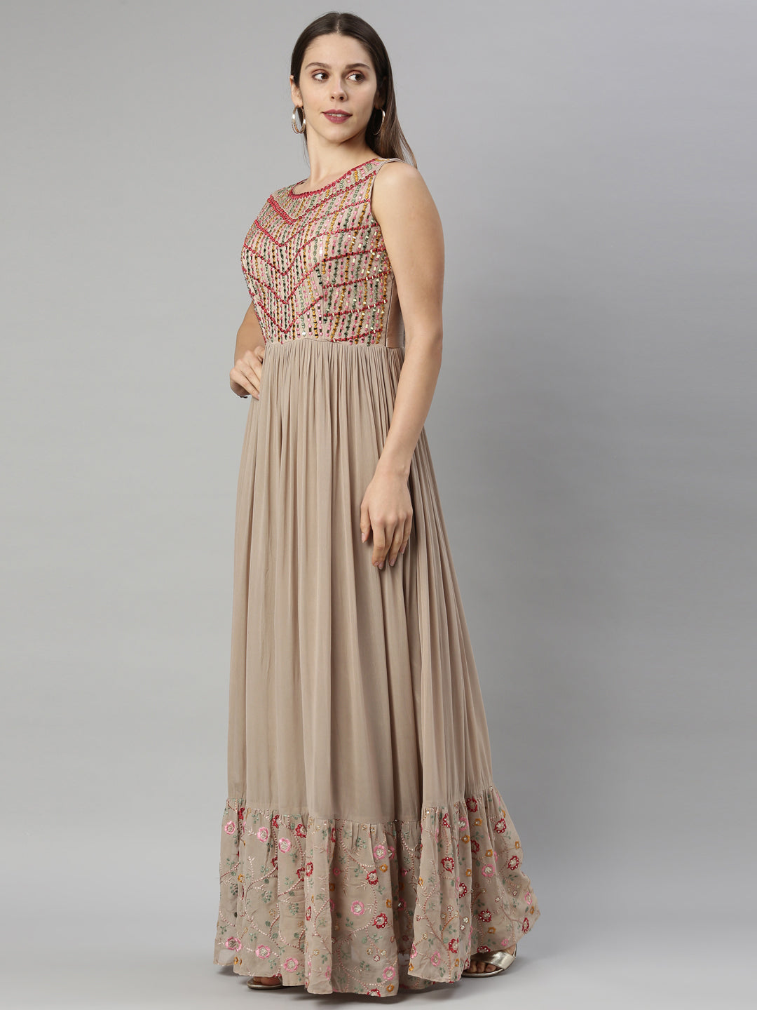 Neerus Beige georgette anarkali suit - side view