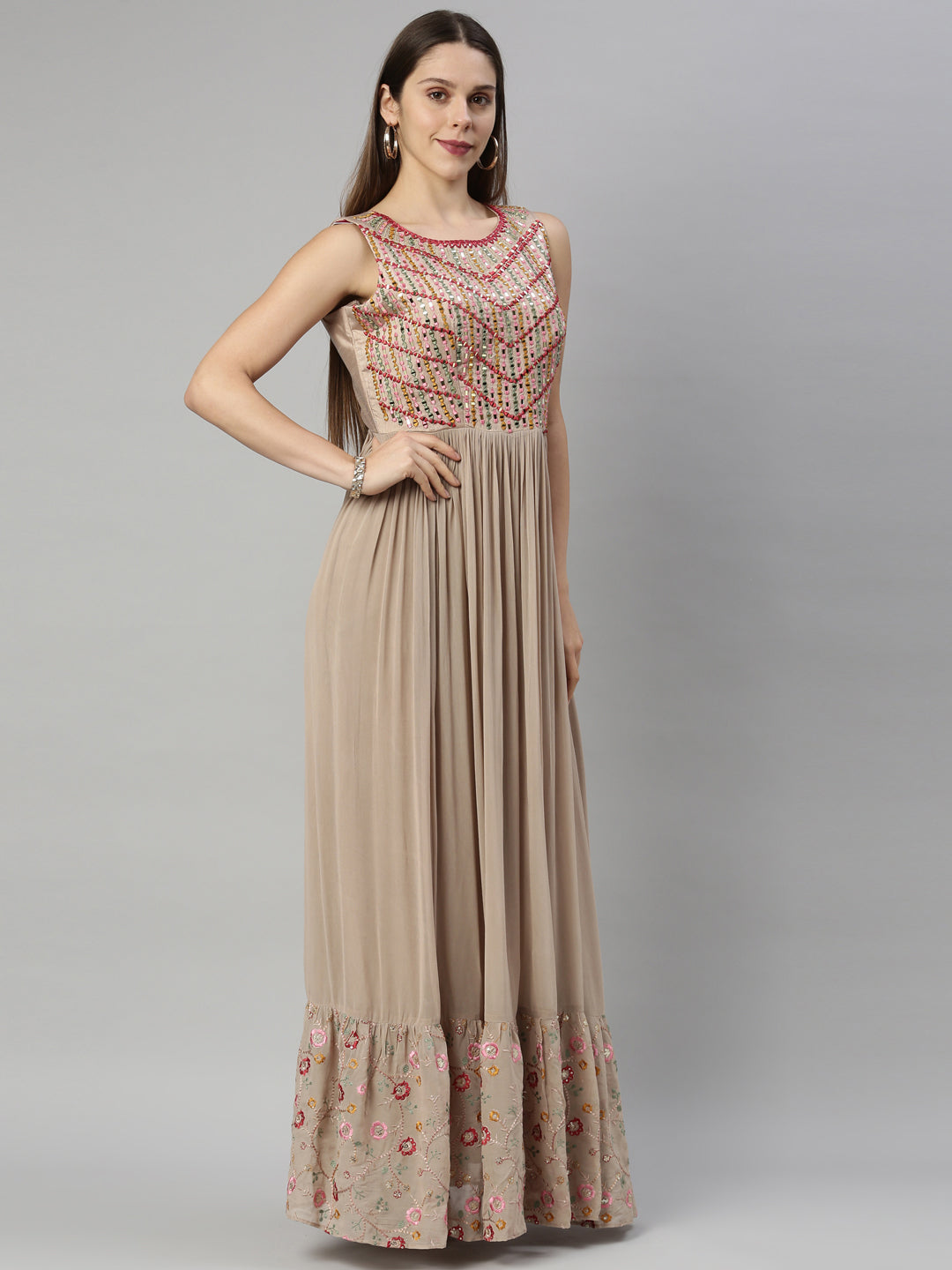 Neerus Beige georgette anarkali suit - detail view 1