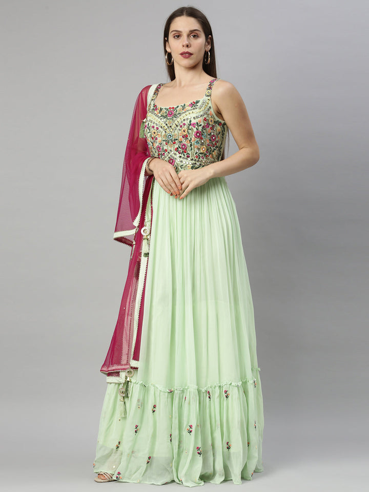 Neerus Green georgette embroidered anarkali suit - front view