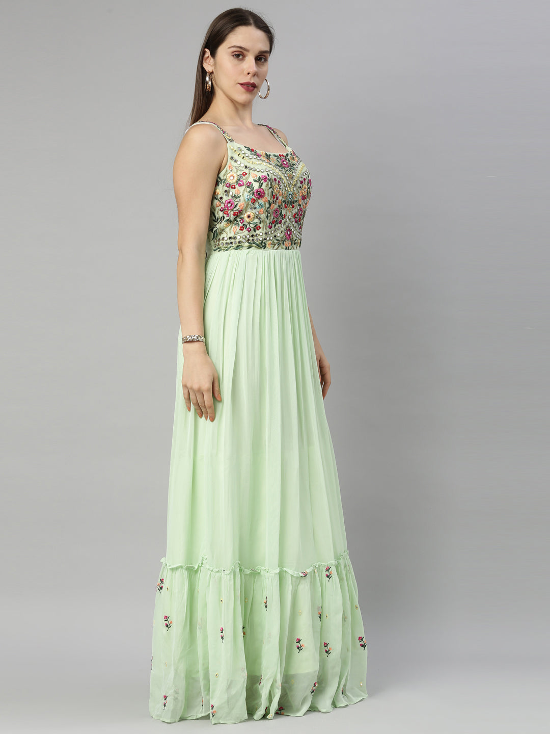 Neerus Green georgette embroidered anarkali suit - side view