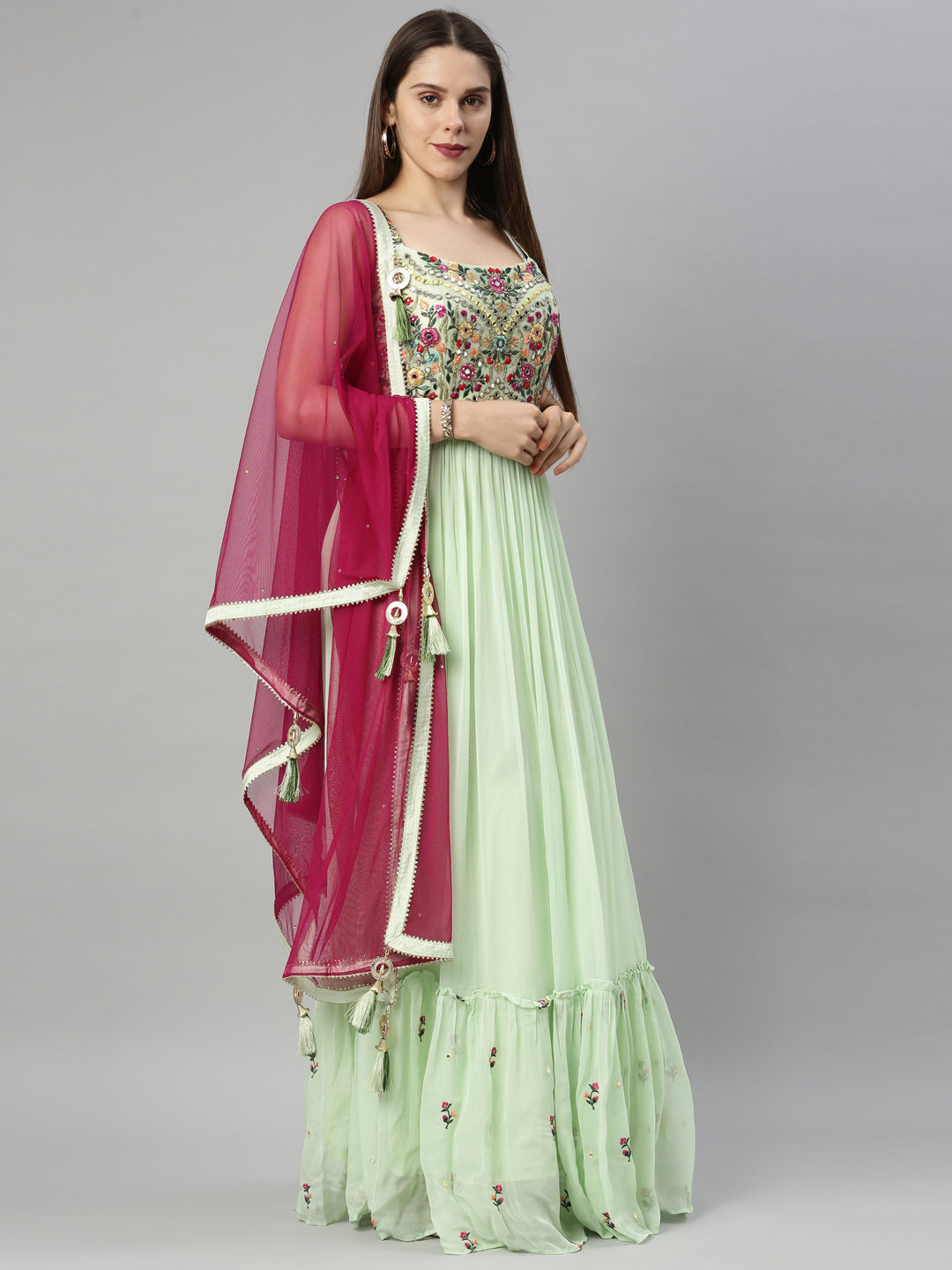 Neerus Green georgette embroidered anarkali suit - detail view 2