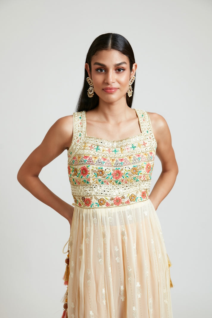 Neerus Beige georgette printed kurta set - detail view 3