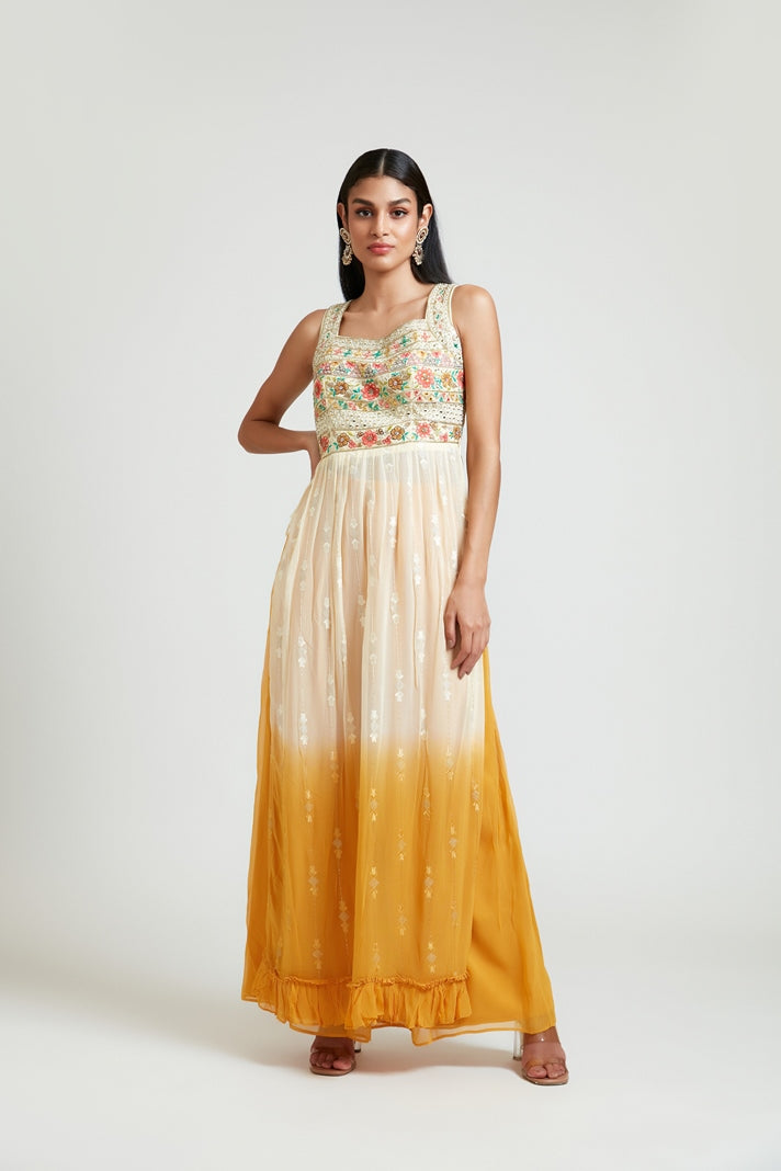 Neerus Beige georgette printed kurta set - front view