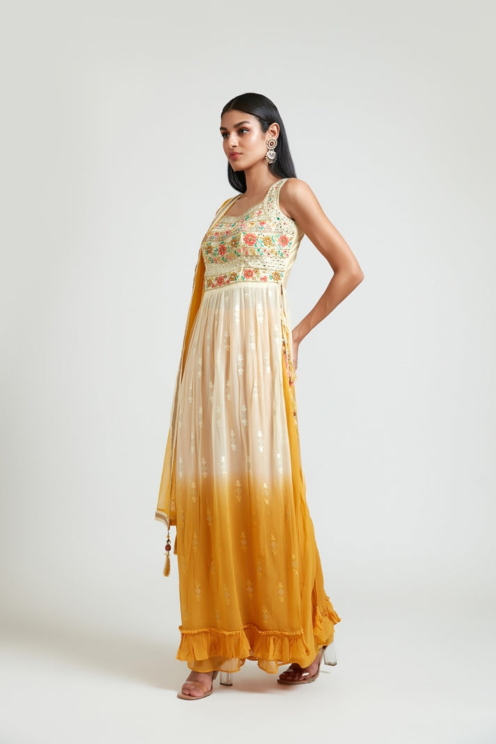 Neerus Beige georgette printed kurta set - back view