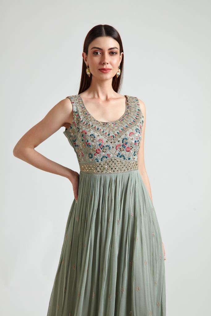 Neerus Green Georgette Gown - detail view 1
