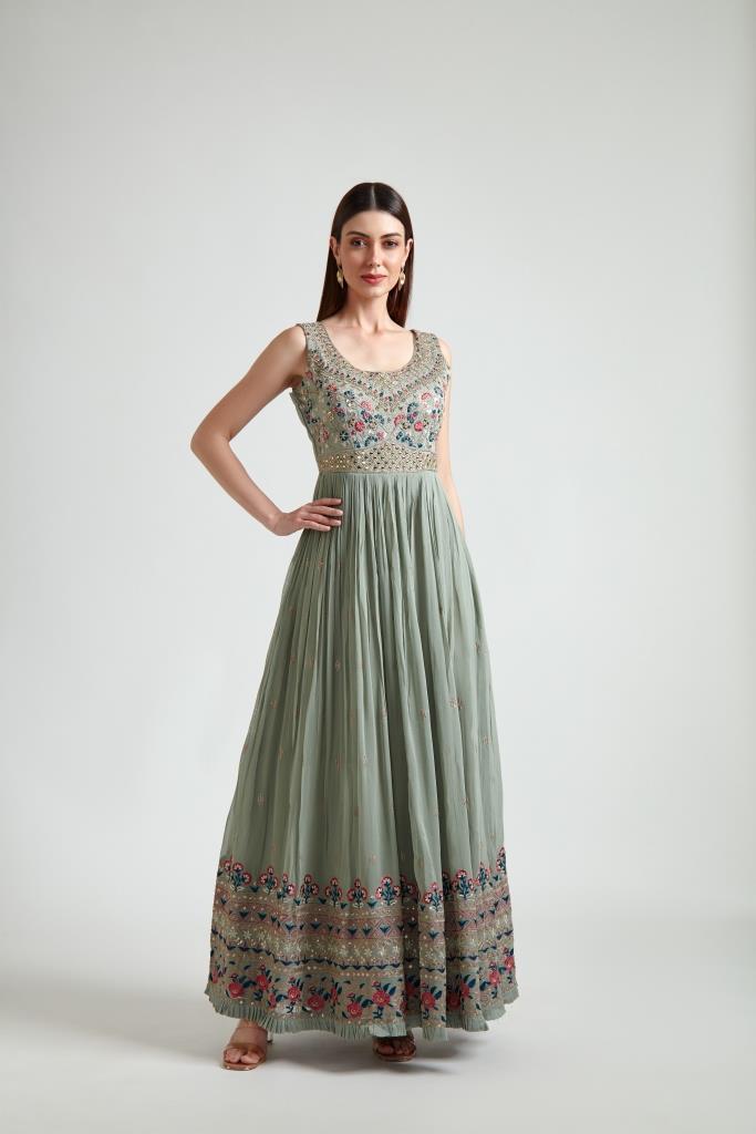 Neerus Green Georgette Gown - front view