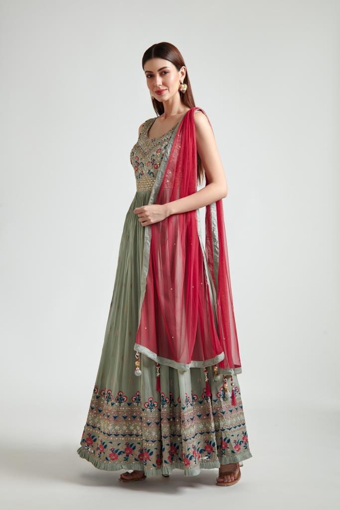 Neerus Green Georgette Gown - back view