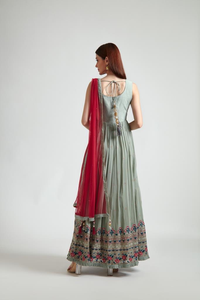 Neerus Green Georgette Gown - side view