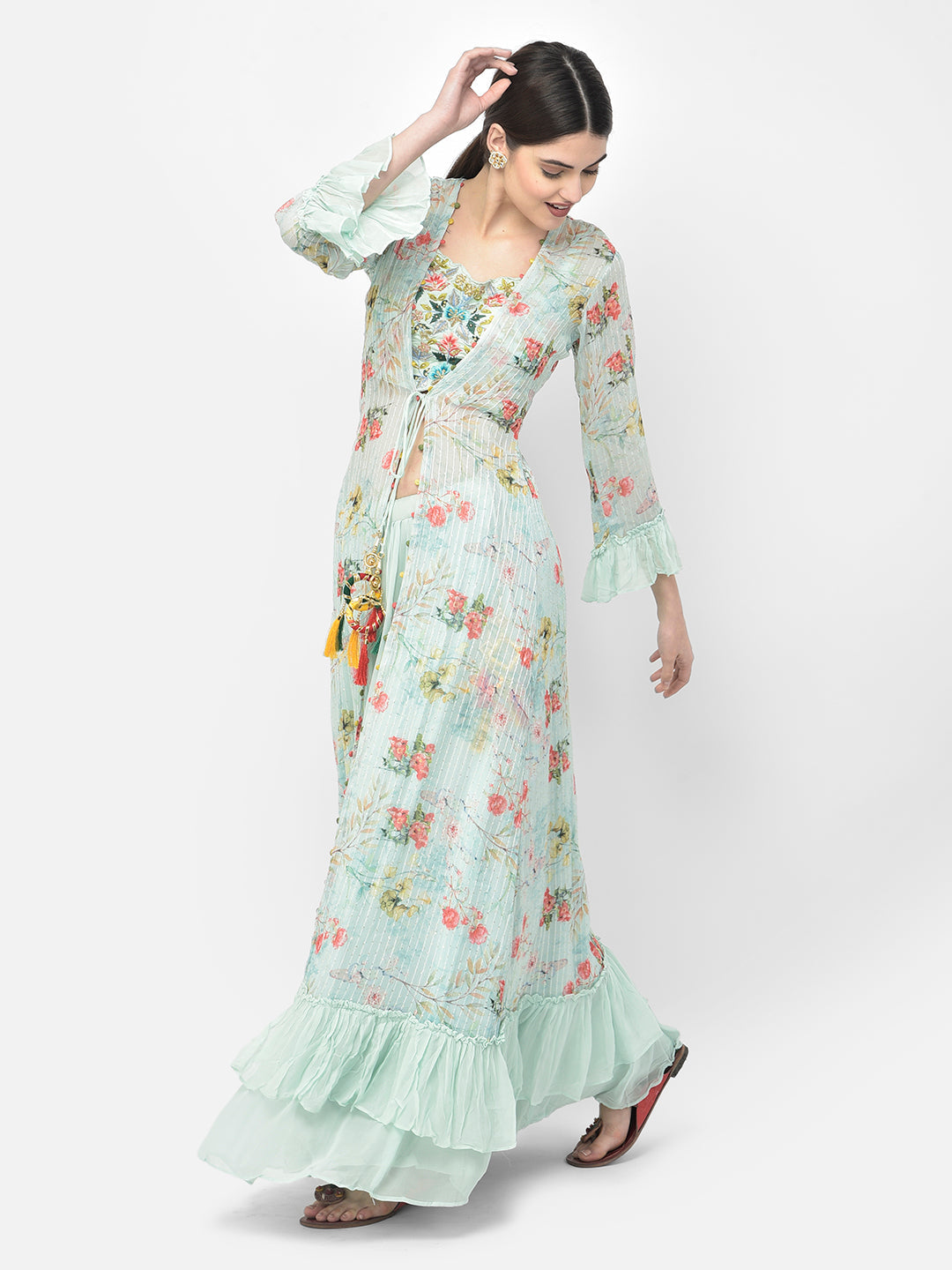 Neerus Green Georgette Embellished Suit Set - front view
