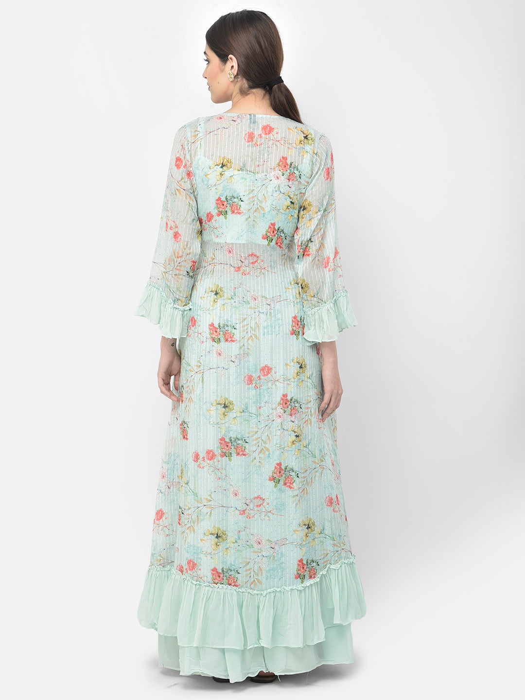 Neerus Green Georgette Embellished Suit Set - back view
