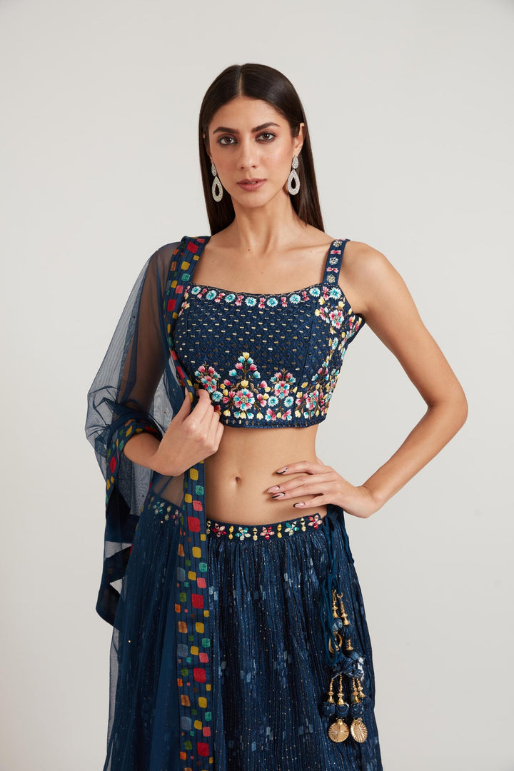 Neerus Blue georgette embellished lehenga ghagra set - front view