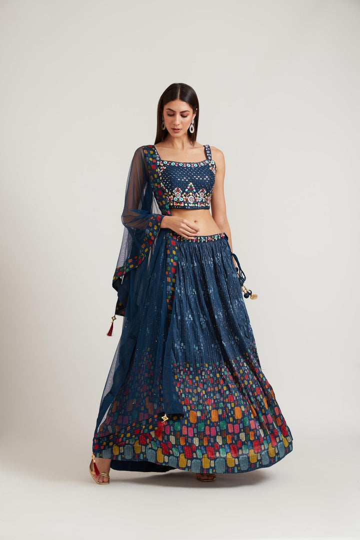 Neerus Blue georgette embellished lehenga ghagra set - side view