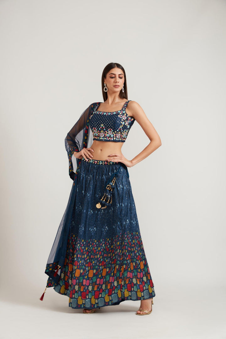 Neerus Blue georgette embellished lehenga ghagra set - detail view 1