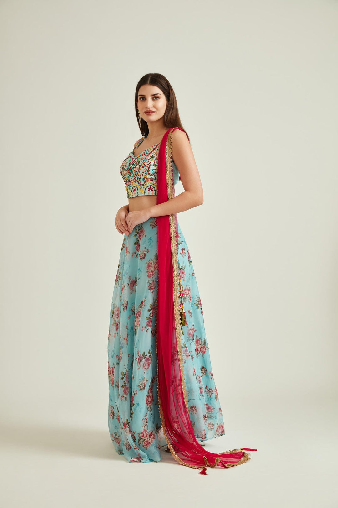 Neerus Blue Organza Mirror Work Lehenga Set - front view