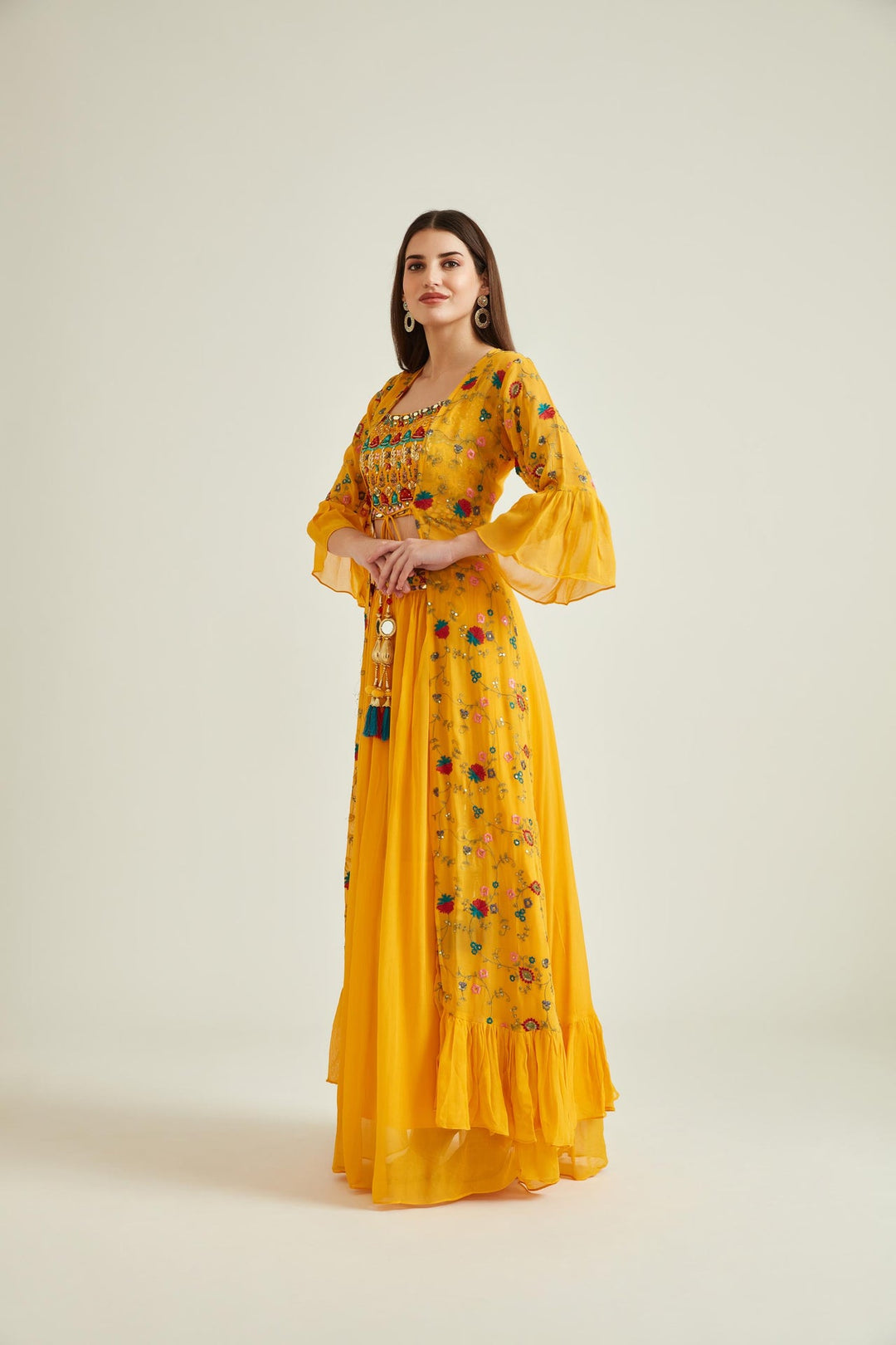 Neerus Yellow georgette embellished co-ord set - front view