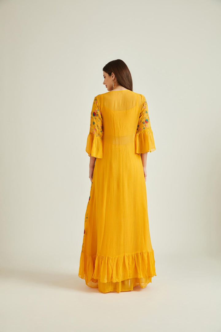 Neerus Yellow georgette embellished co-ord set - back view