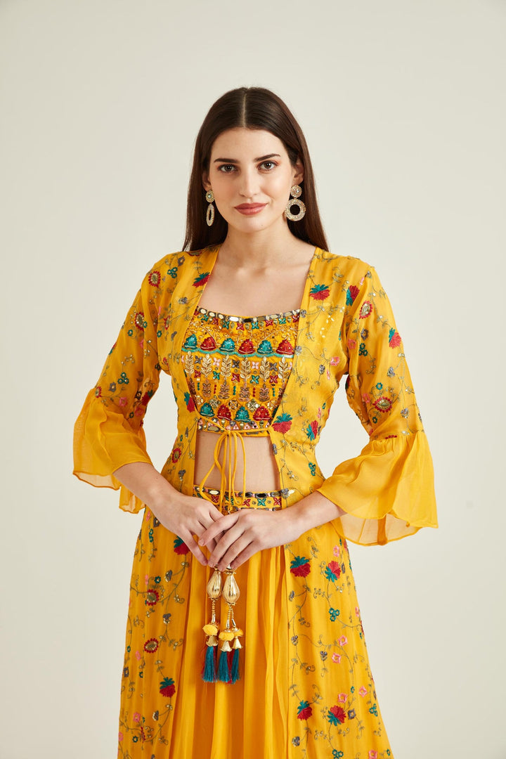Neerus Yellow georgette embellished co-ord set - side view