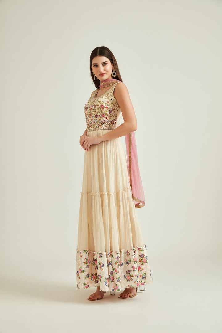 Neerus Beige georgette mirror work gown with net dupatta - back view