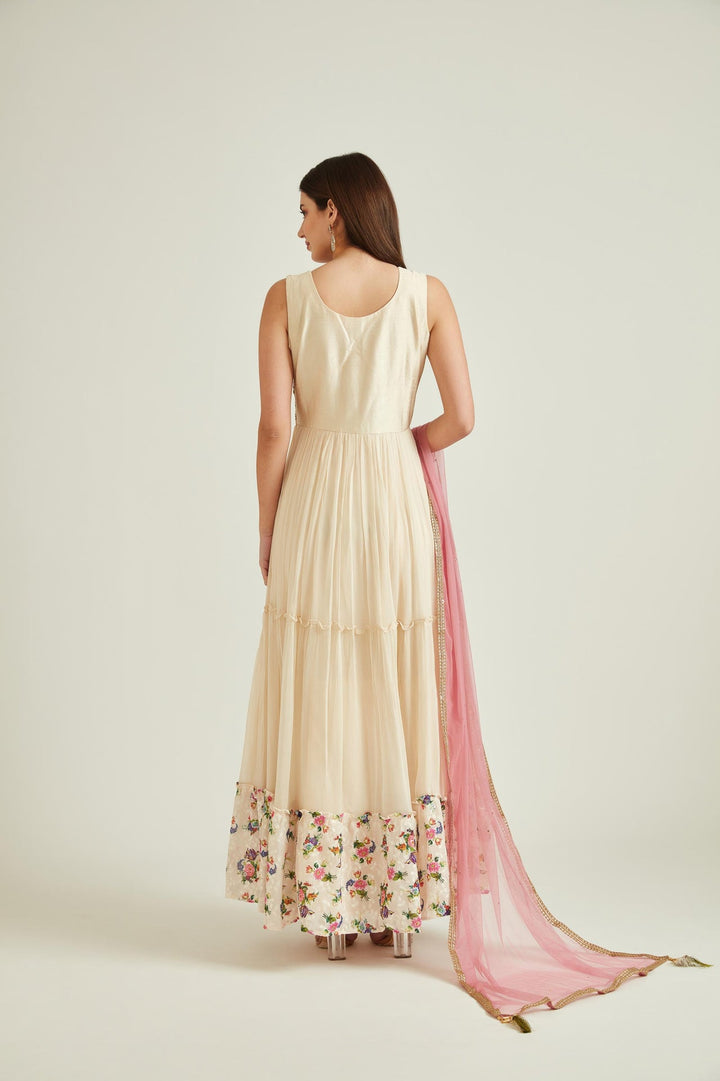 Neerus Beige georgette mirror work gown with net dupatta - side view