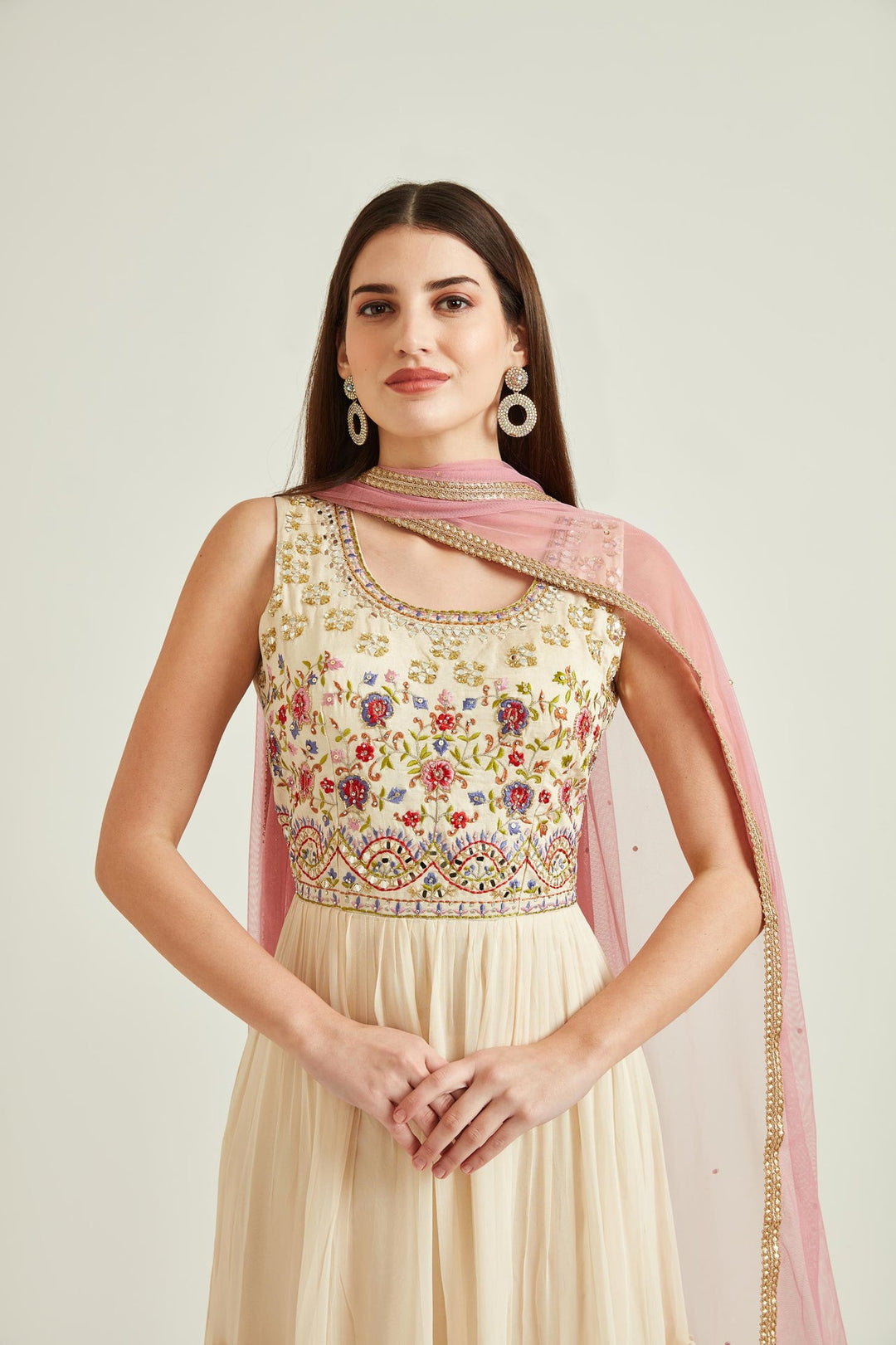 Neerus Beige georgette mirror work gown with net dupatta - detail view 1