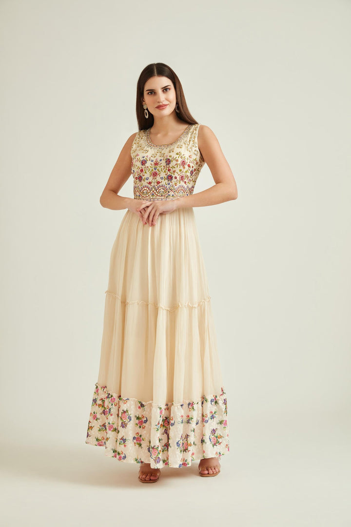 Neerus Beige georgette mirror work gown with net dupatta - front view
