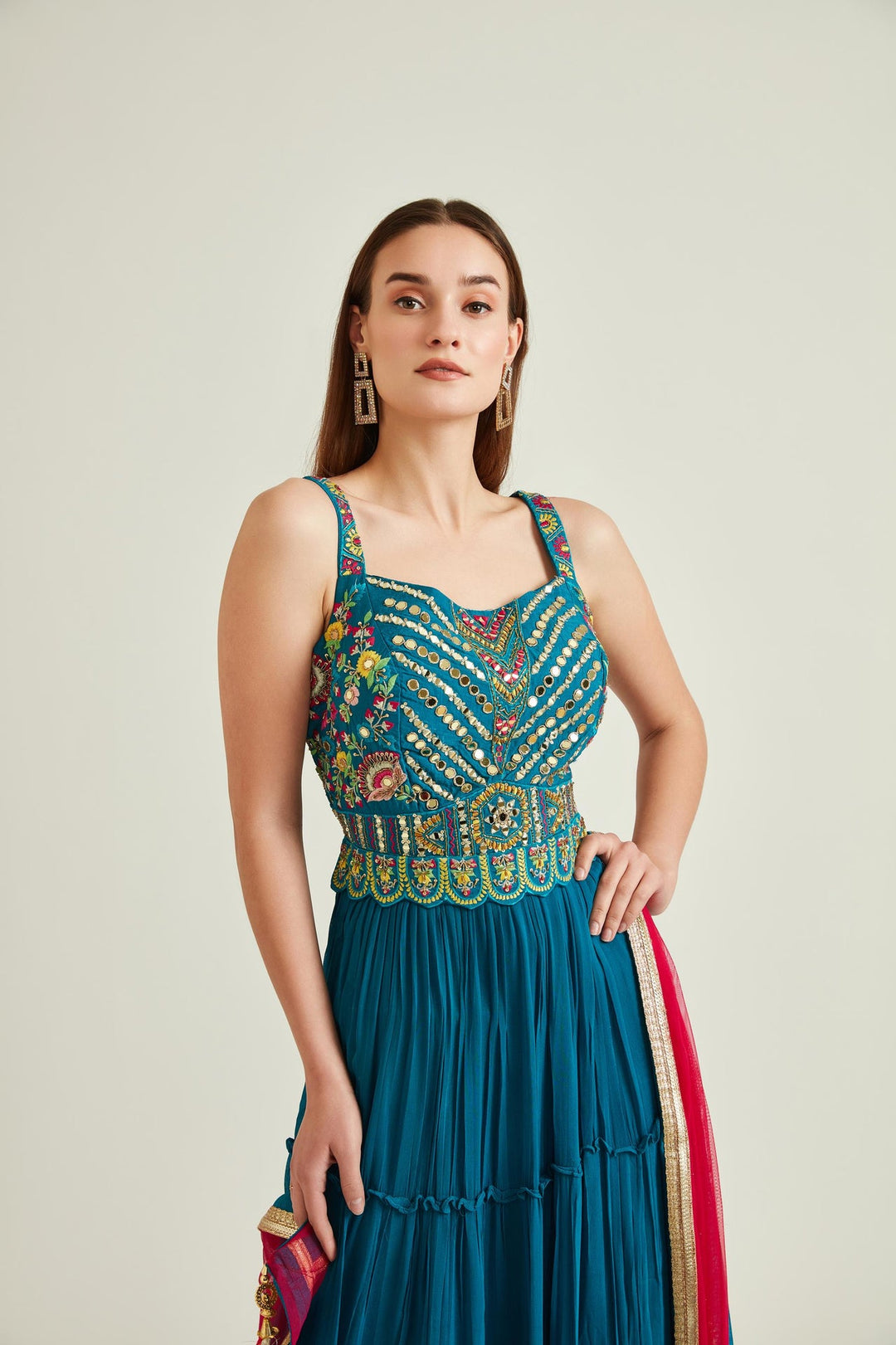 Neerus Green georgette mirror work kurta set - detail view 7